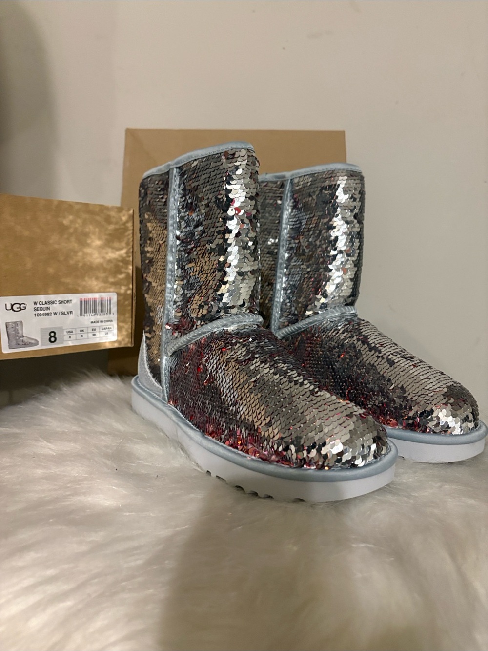 UGG Sequin Classic Short Boots - Silver with Light Blue Trim